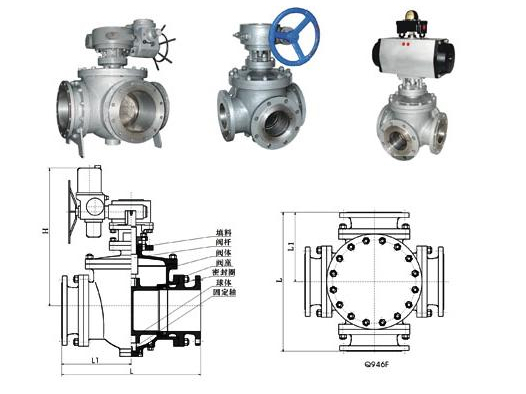 Four way ball valves drawing